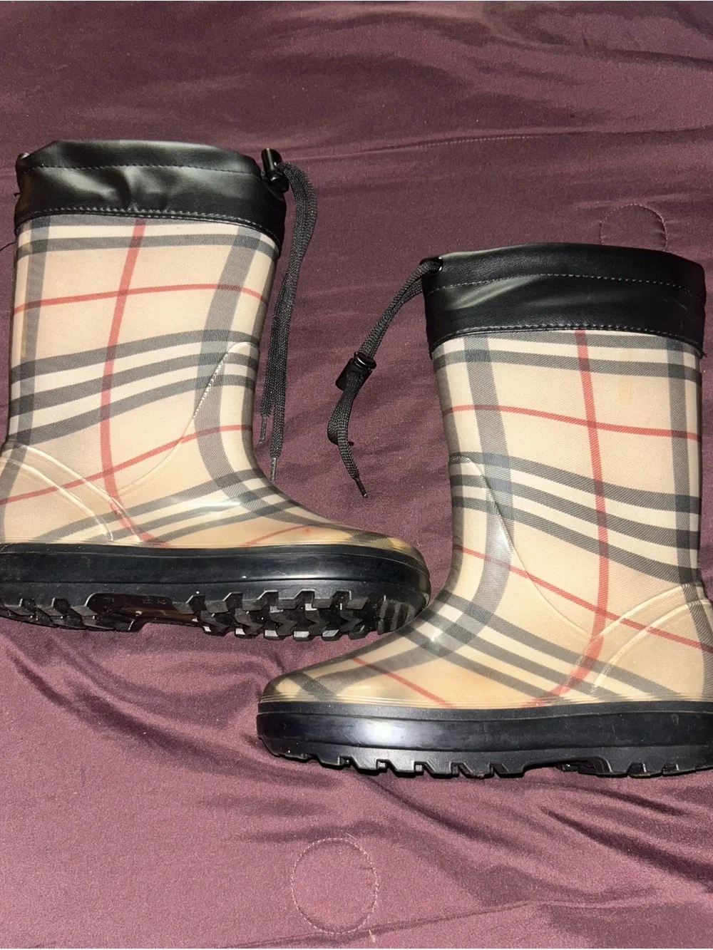 Burberry Beige Plaid Kids Rain Boots with Black Trim